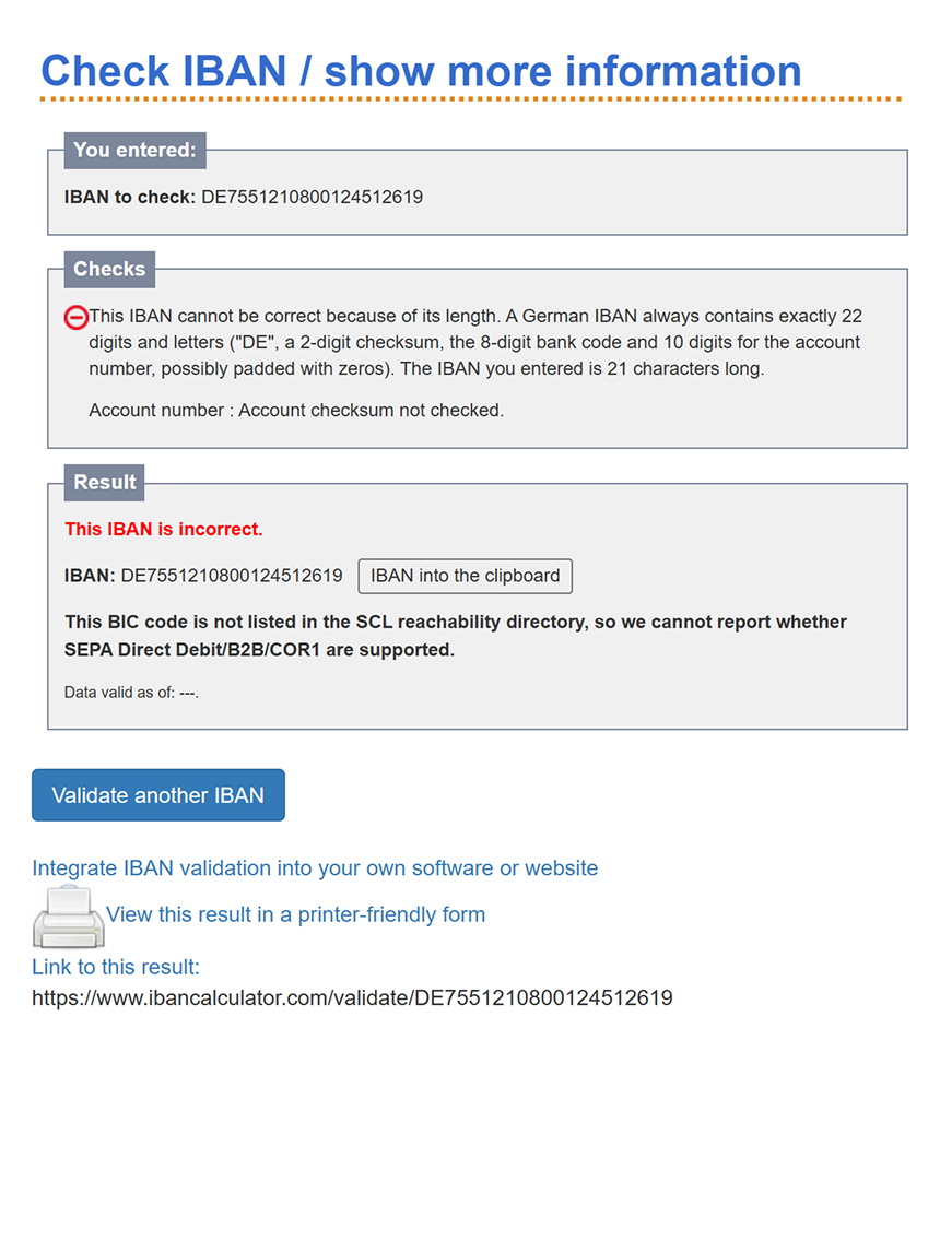 Проверка IBAN на сайте ibancalculator.com: с ошибкой