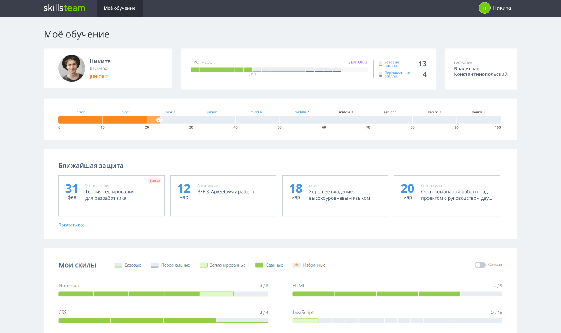 Система грейдов сотрудника в личном кабинете SkillsTeam