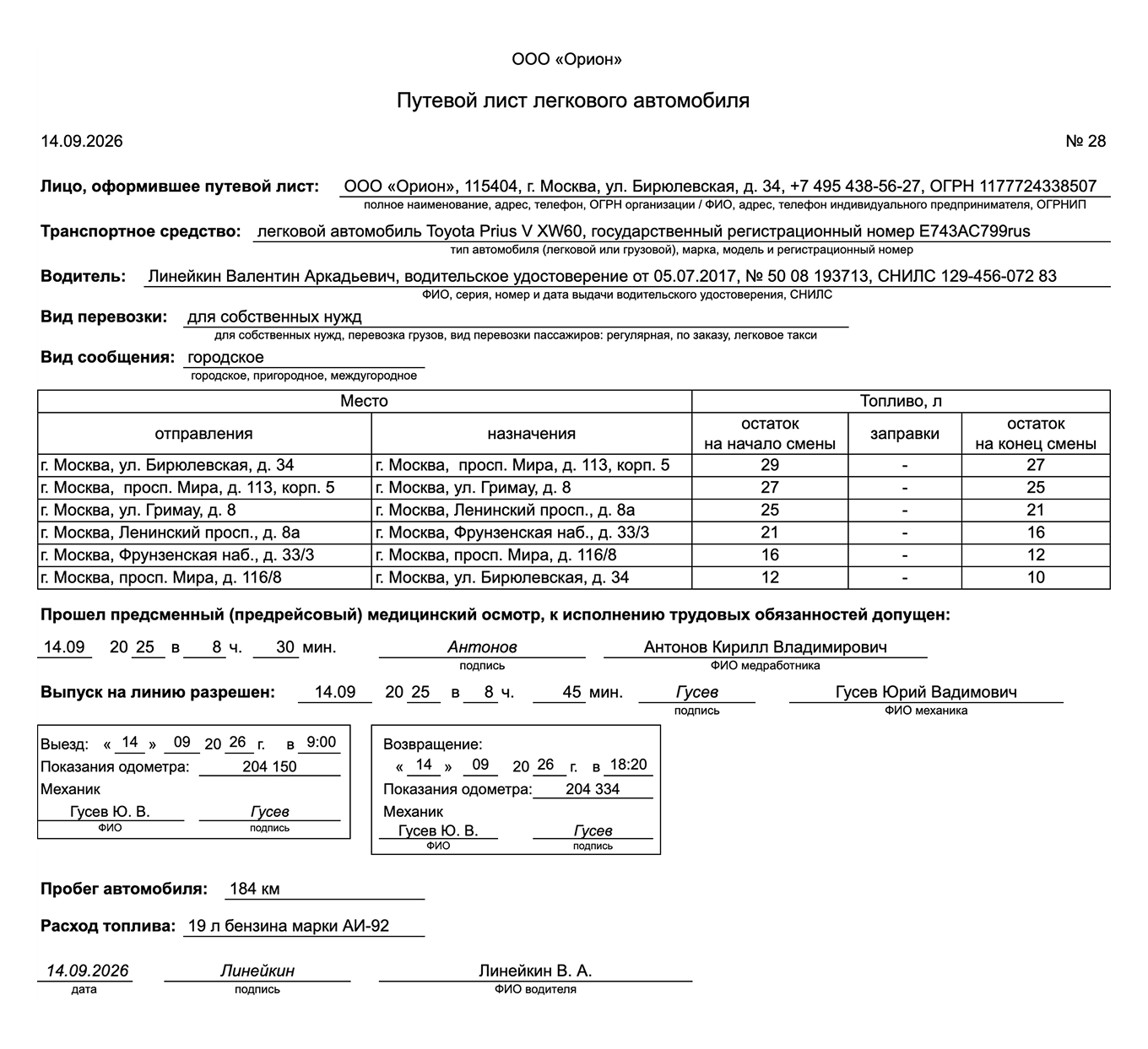 Образец путевого листа легкового автомобиля