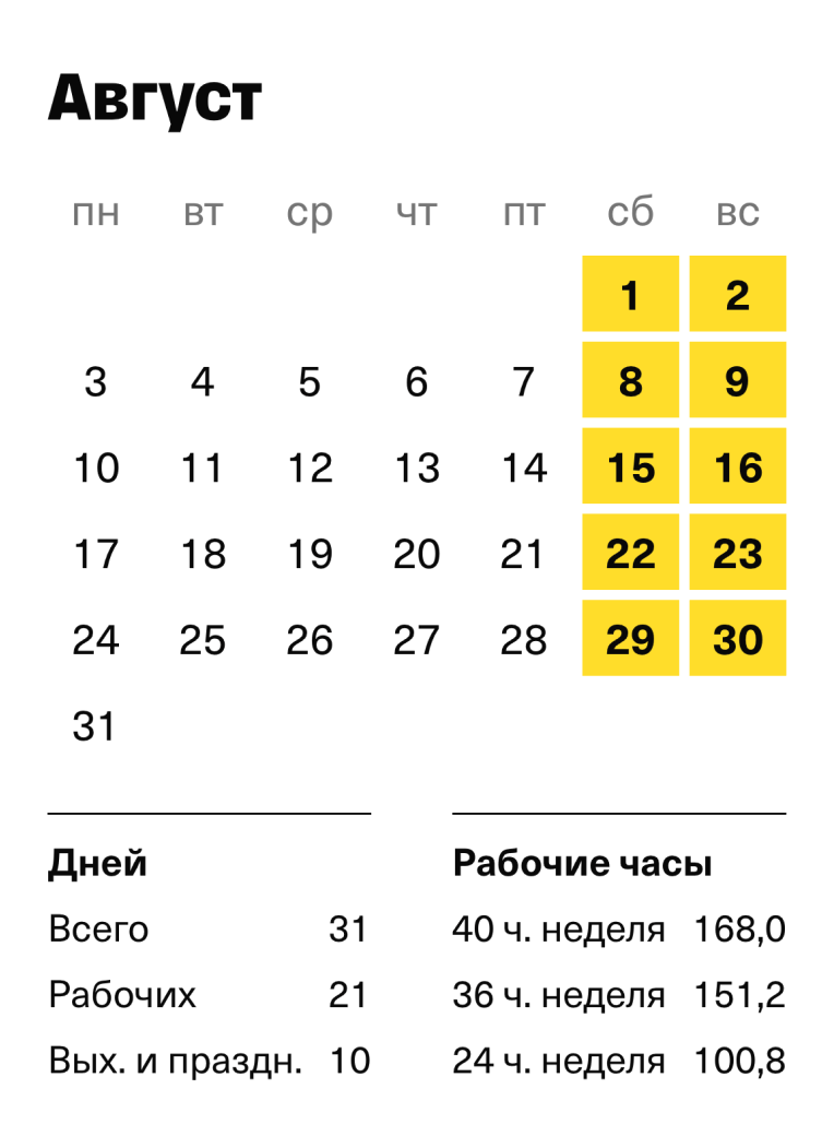 Производственный календарь на август 2026