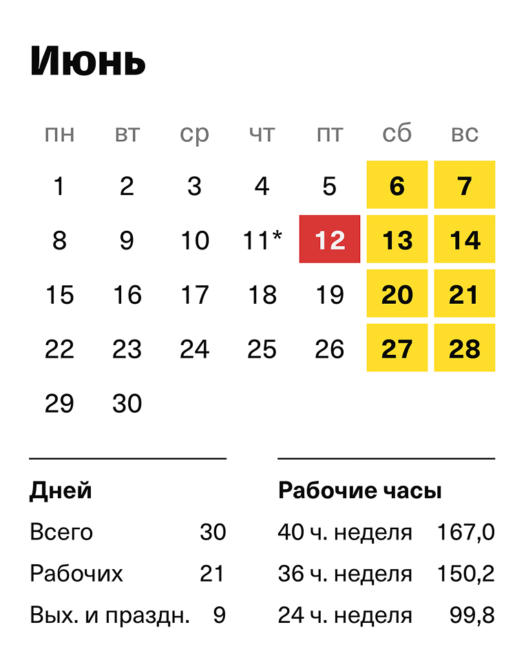 Производственный календарь на июнь 2026 года