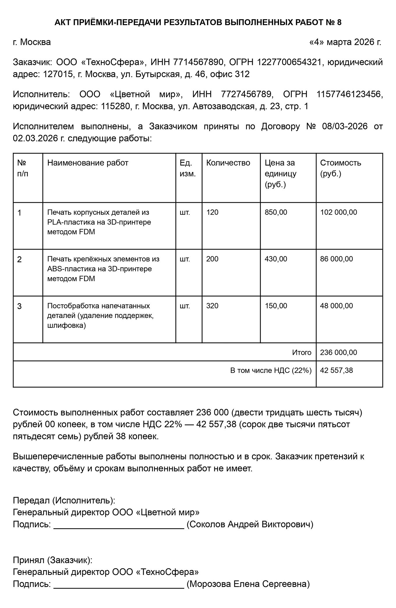 Образец акта приемки-передачи выполненных работ