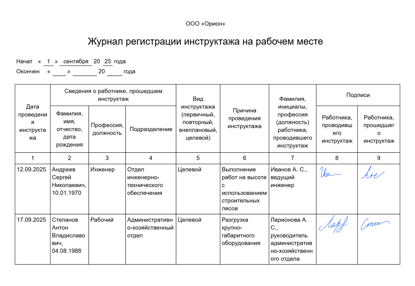 Журнал регистрации инструктажа на рабочем месте