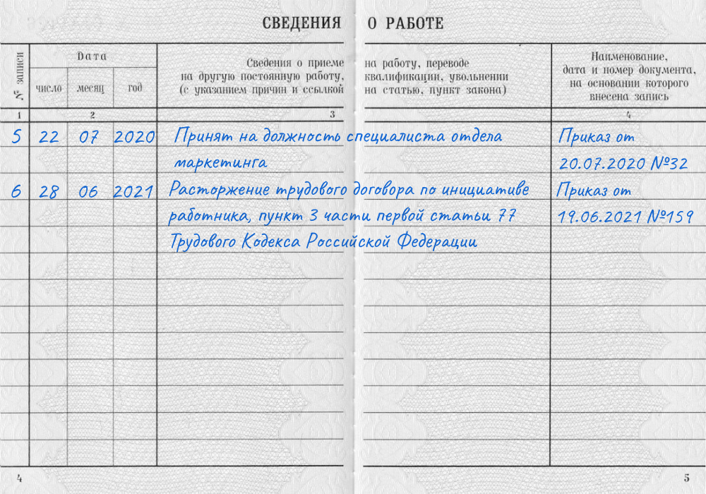 Запись об увольнении в трудовых книжках с 1 сентября 2021