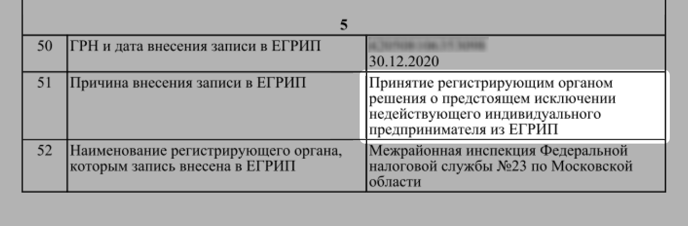 Скрин из выписки об исключении из ЕГРИП