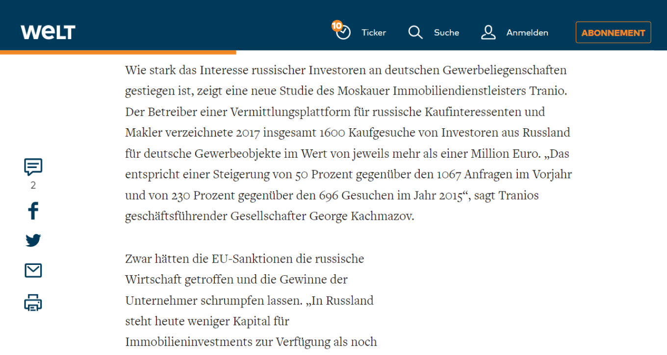 Публикация Tranio в Welt