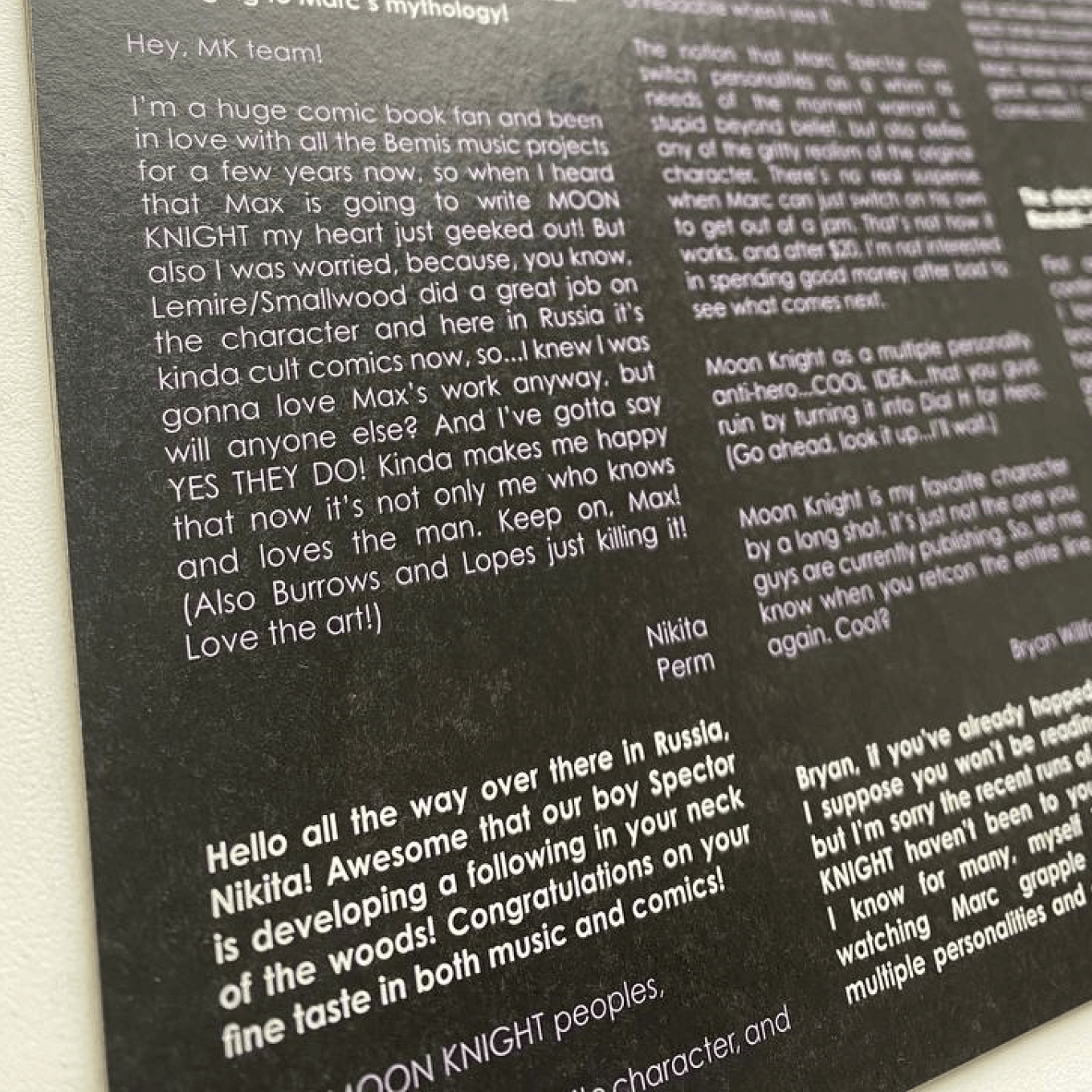 Письмо Никиты Карпова в Marvel на обложке комикса «Moon Knight #194»