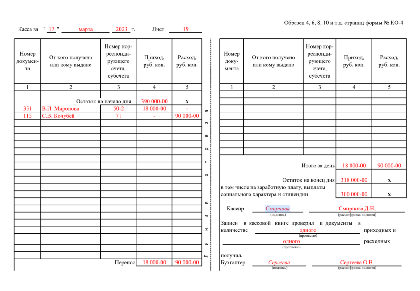 Образец заполнения РКО