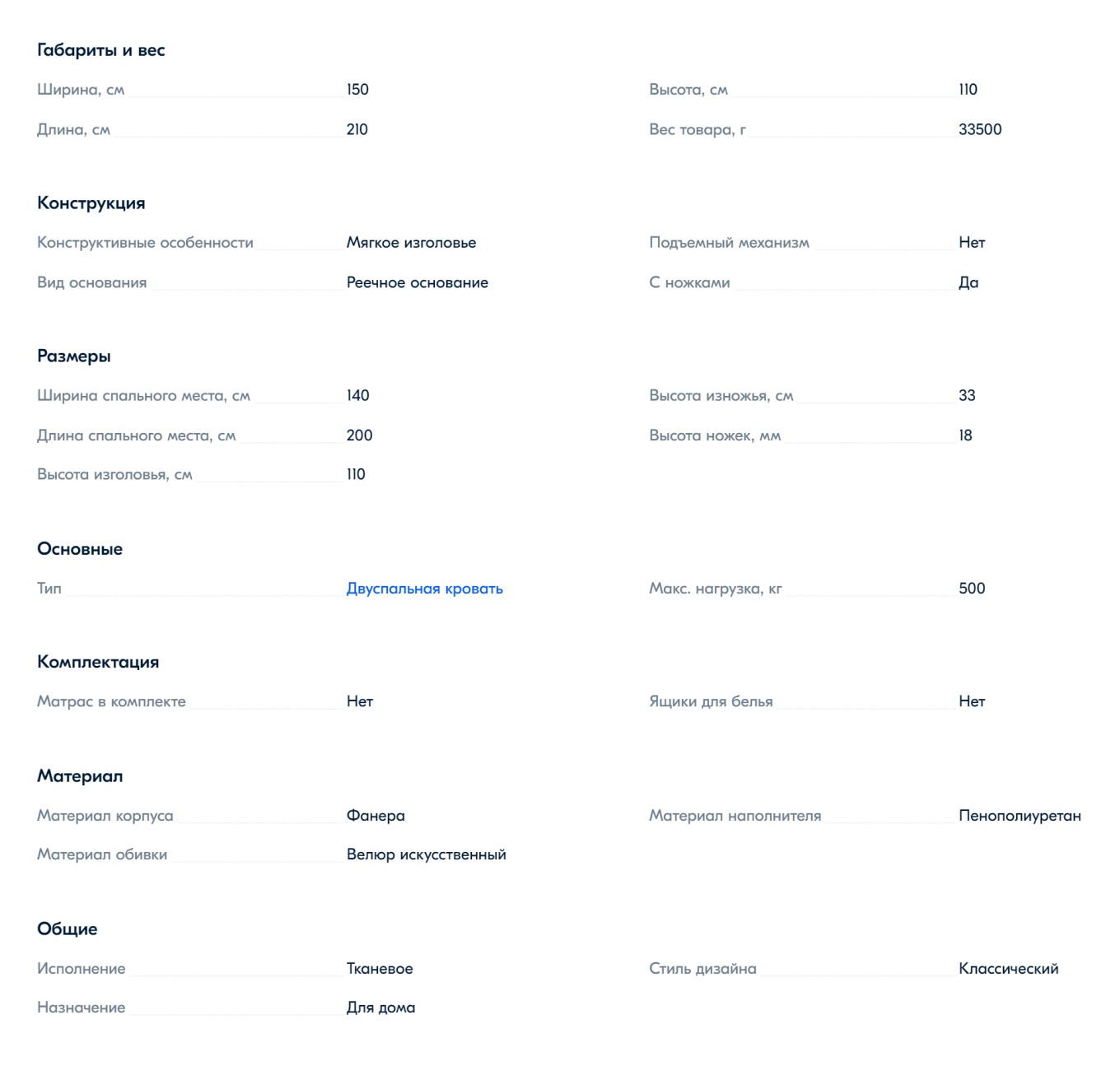 Характеристики товара в карточке