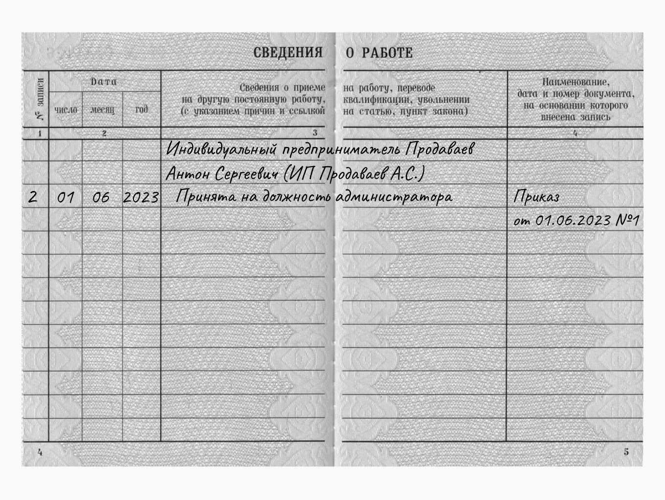 Заполнение трудовой книжки при оформлении сотрудников на работу в ИП