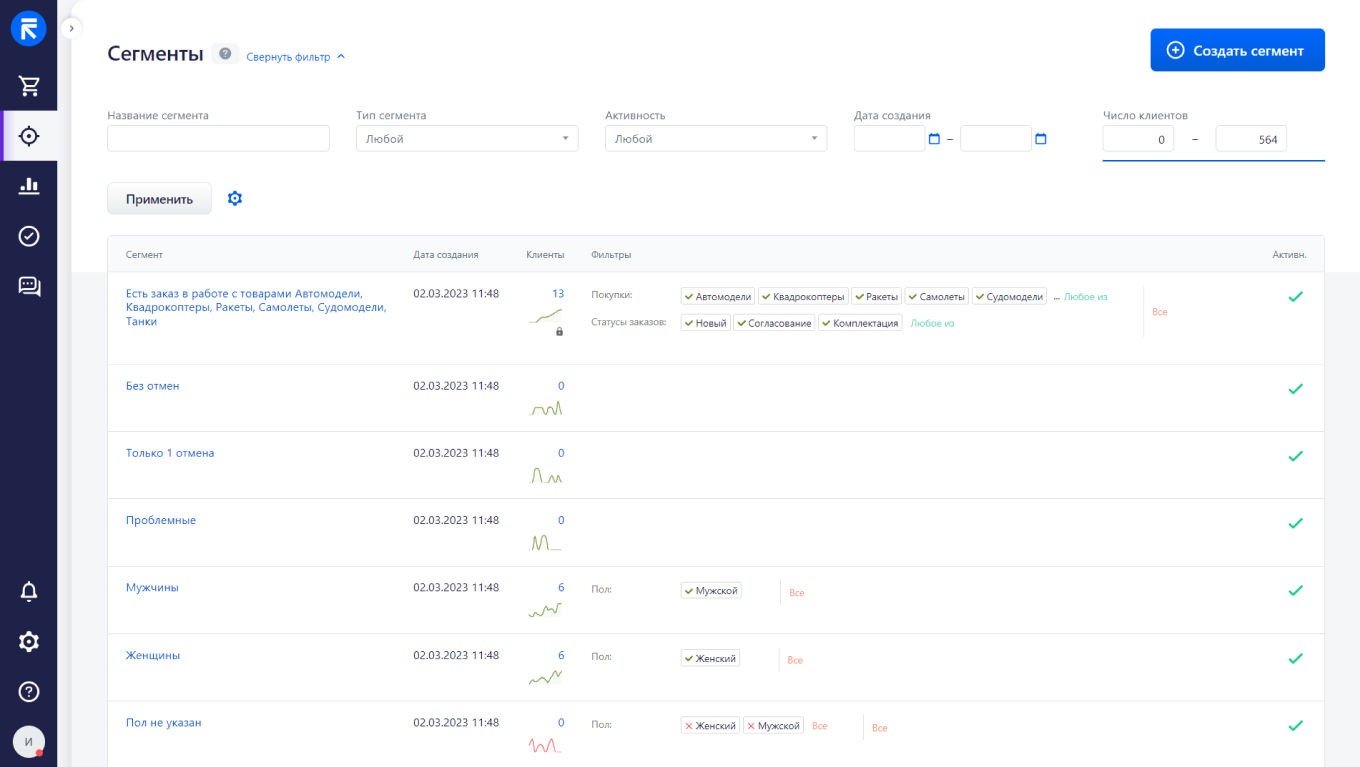 Встроенные инструменты системы для работы с CRM-маркетингом