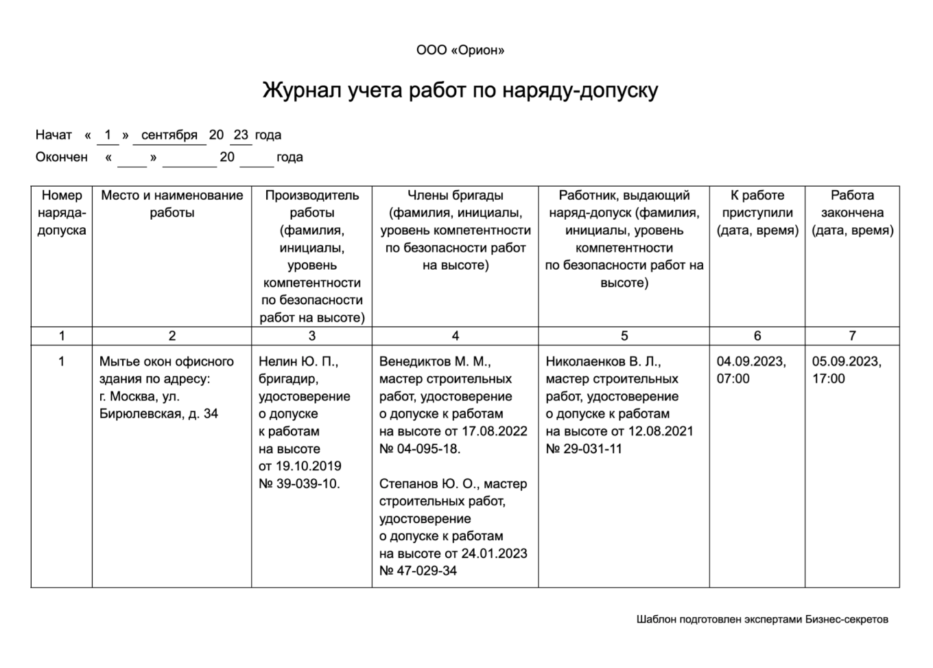 Журнал учета работ по наряду-допуску: образец 2025, шаблон