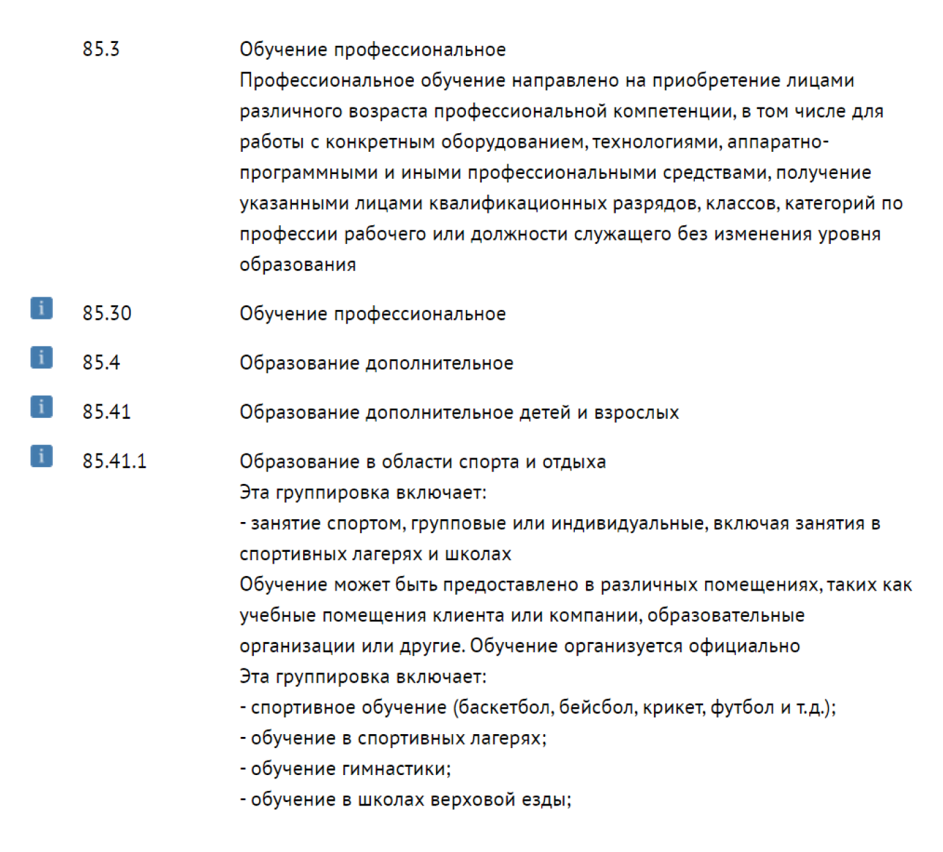 Перечень видов деятельности в ОКВЭД