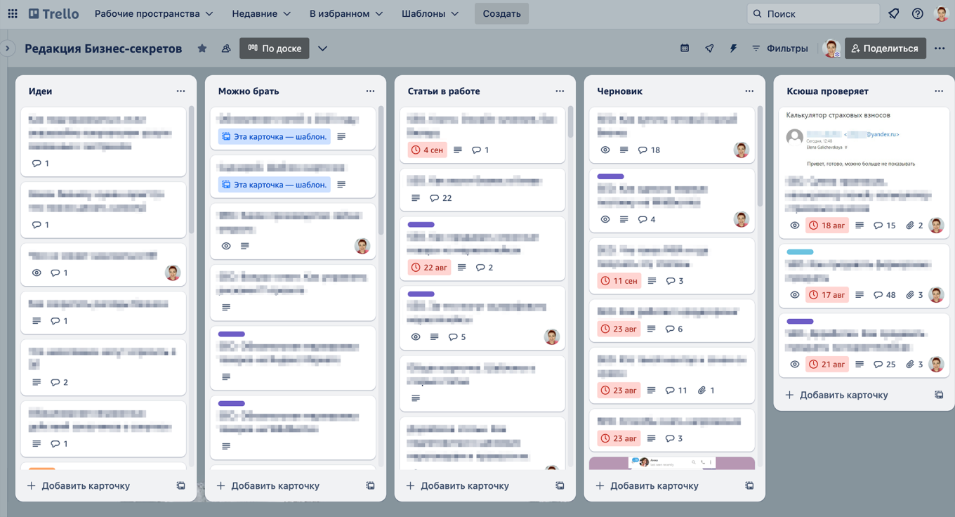 Доска редакции Т-Бизнес секретов в Trello