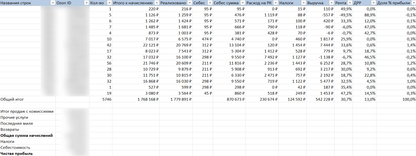 Отчет прибыли и убытков Ozon
