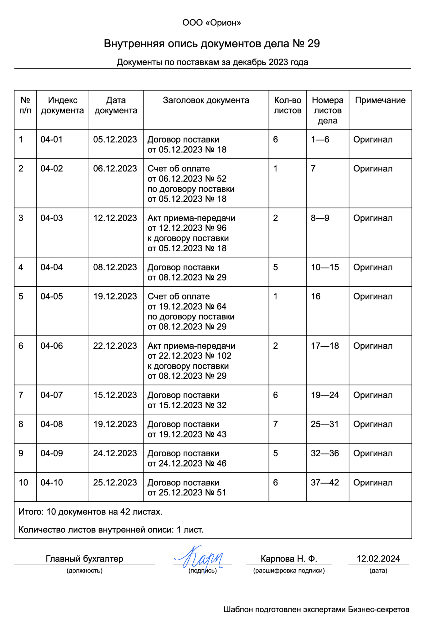 Опись документов — образец