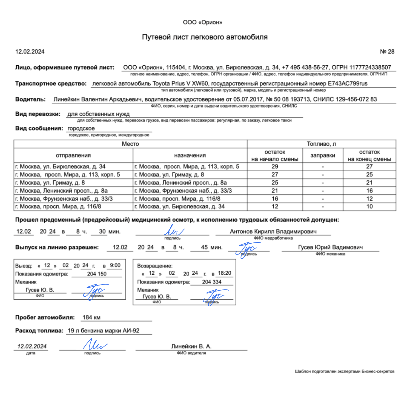 Путевой лист легкового автомобиля — образец