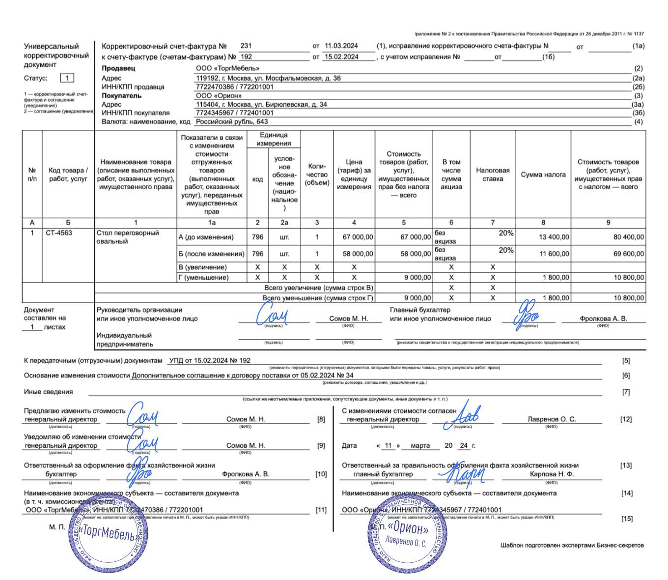 Универсальный корректировочный документ — образец