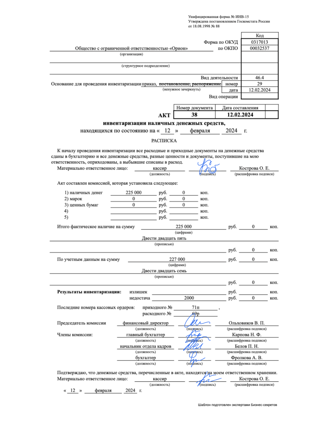Акт инвентаризации по форме ИНВ-15 — образец