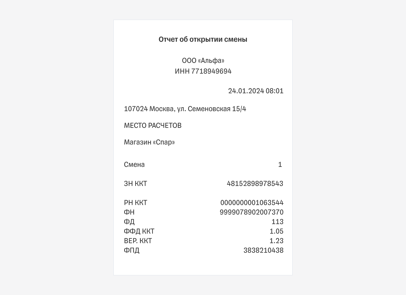 Как выглядит чек открытия смены