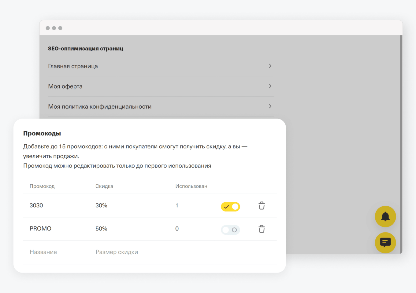Настройка промокодов