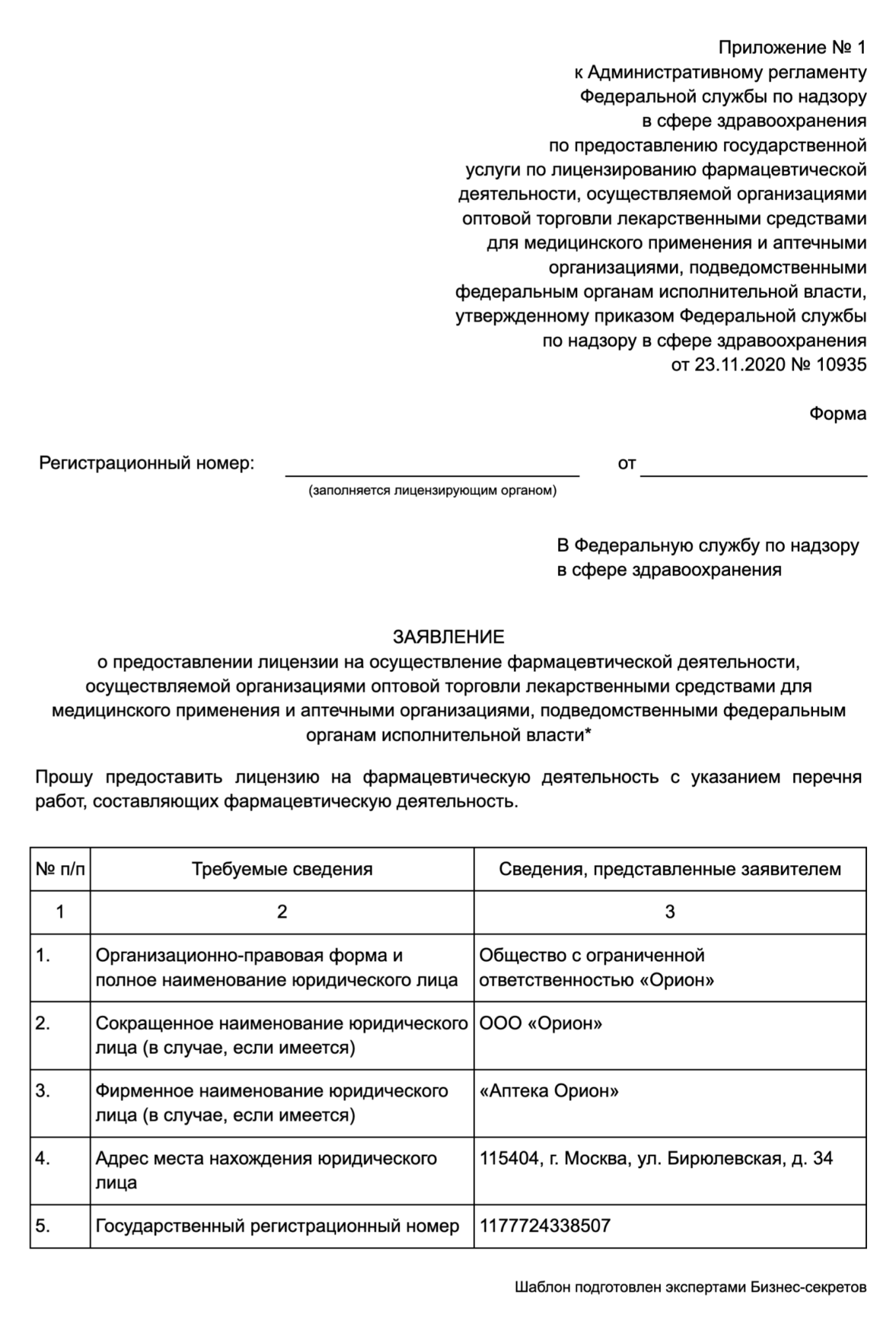 Заявление о предоставлении лицензии на осуществление фармацевтической деятельности — образец