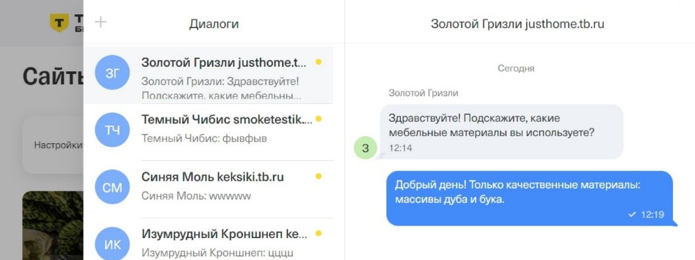Пример переписки с клиентом на сайте