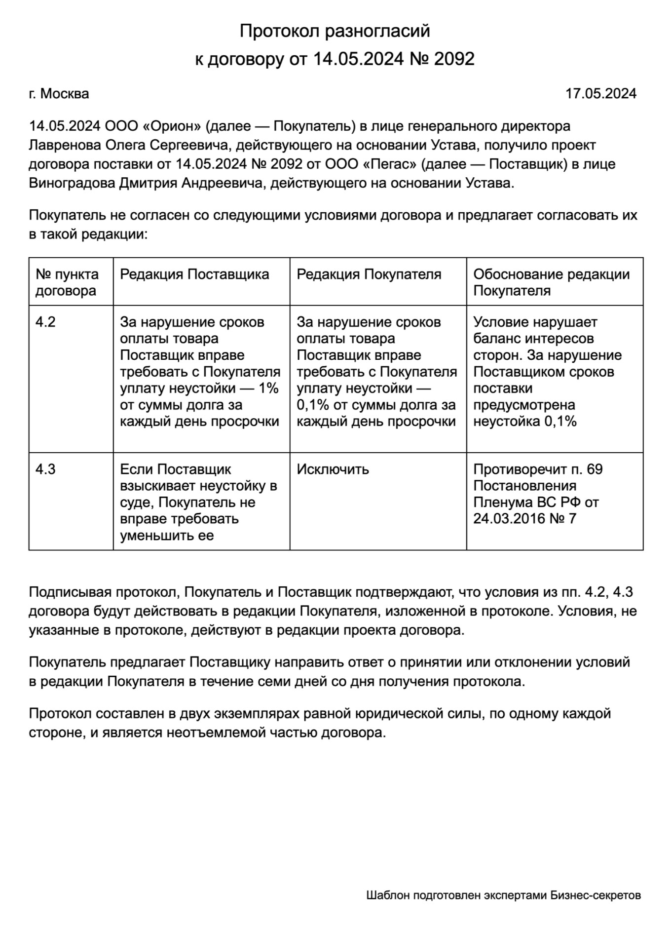 Протокол разногласий к договору — образец
