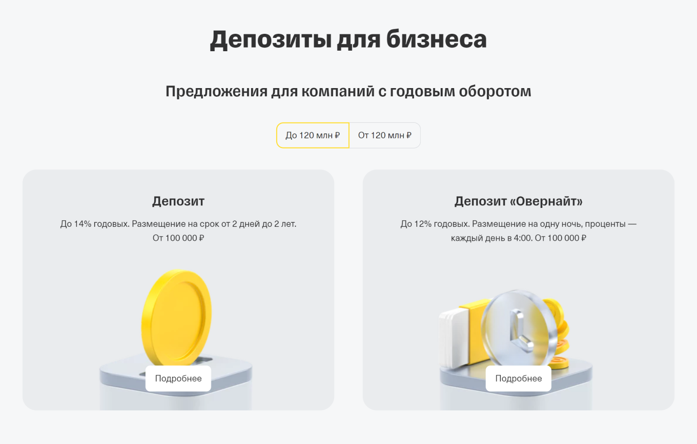 В Т⁠-⁠Банке бизнес может положить деньги на овернайт на одну ночь