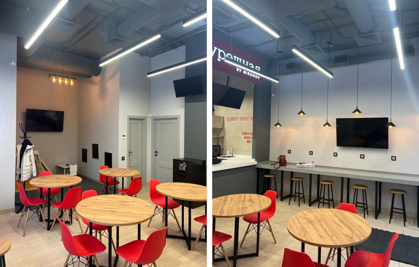 Заливающее дизайнерское освещение кафе