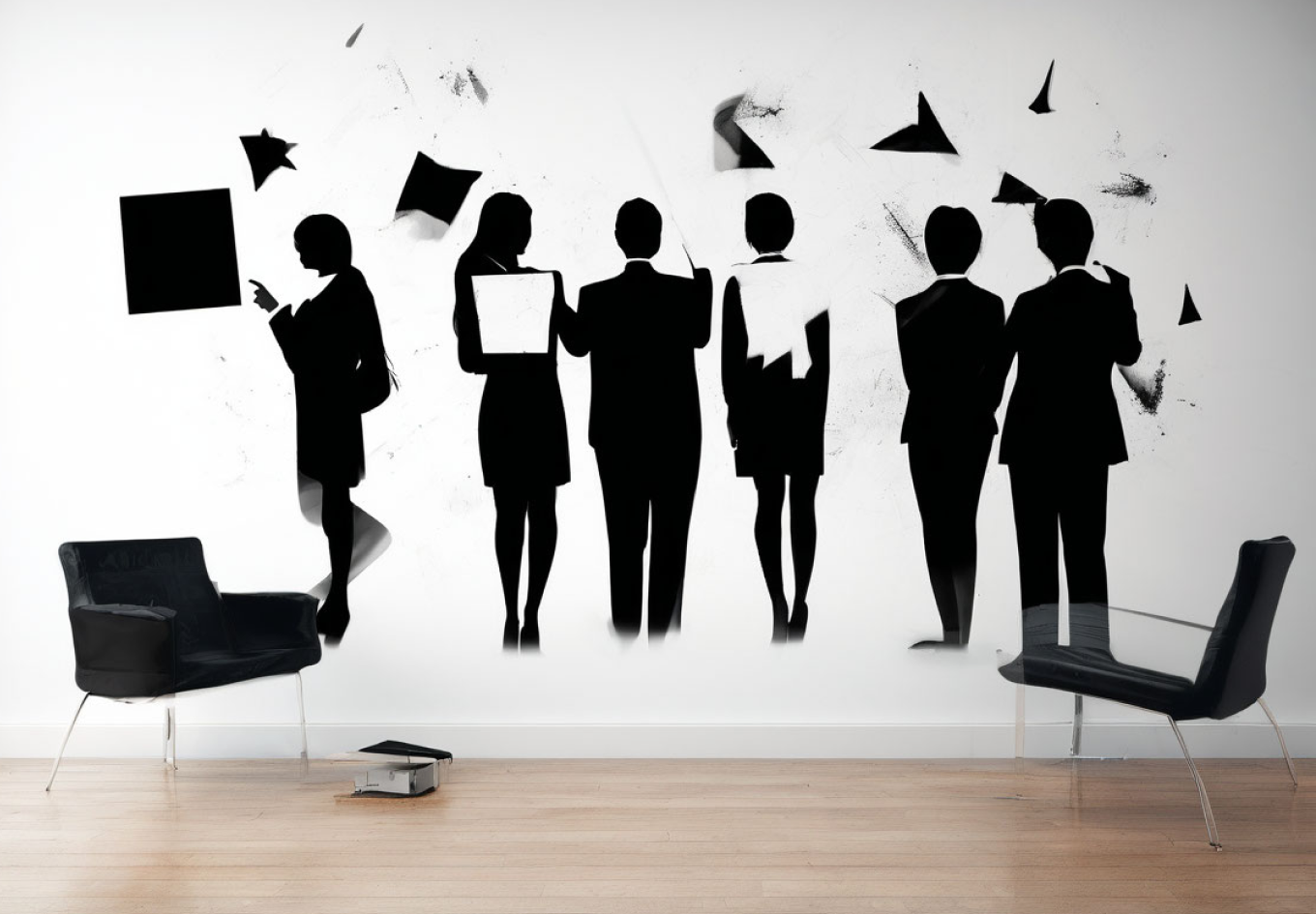 Силуэты членов бизнес-команды, растворившихся в хаосе