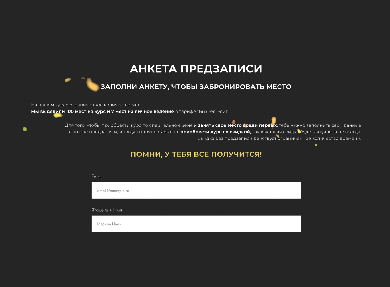 Пример анкеты для воронки продаж через предварительную запись на курс
