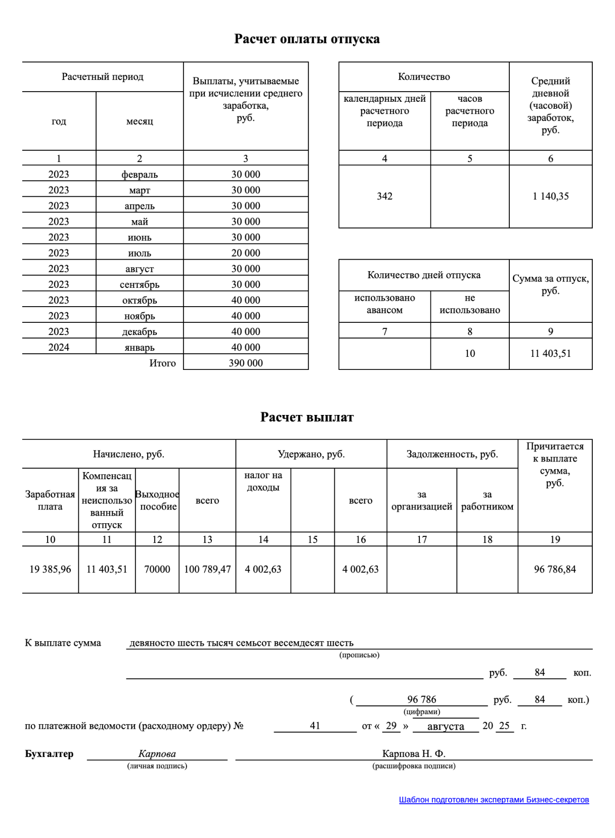 Образец записки-расчета при увольнении