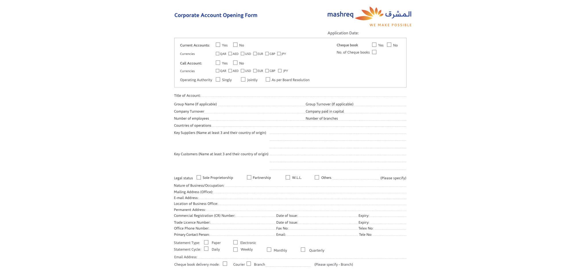 Форма на открытие корпоративного счета в Mashreq Bank