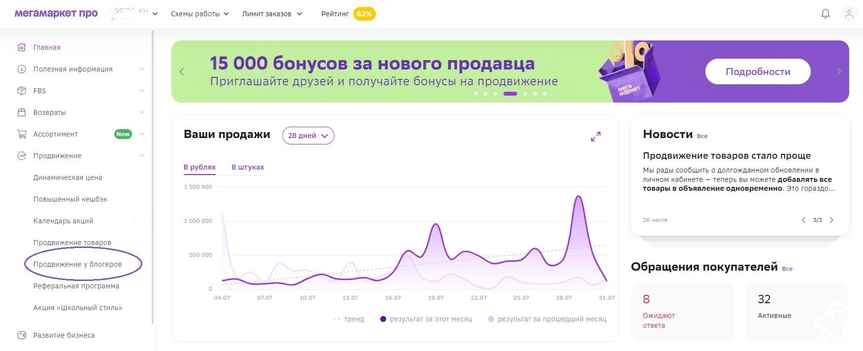 Инструмент в личном кабинете селлера на Мегамаркете