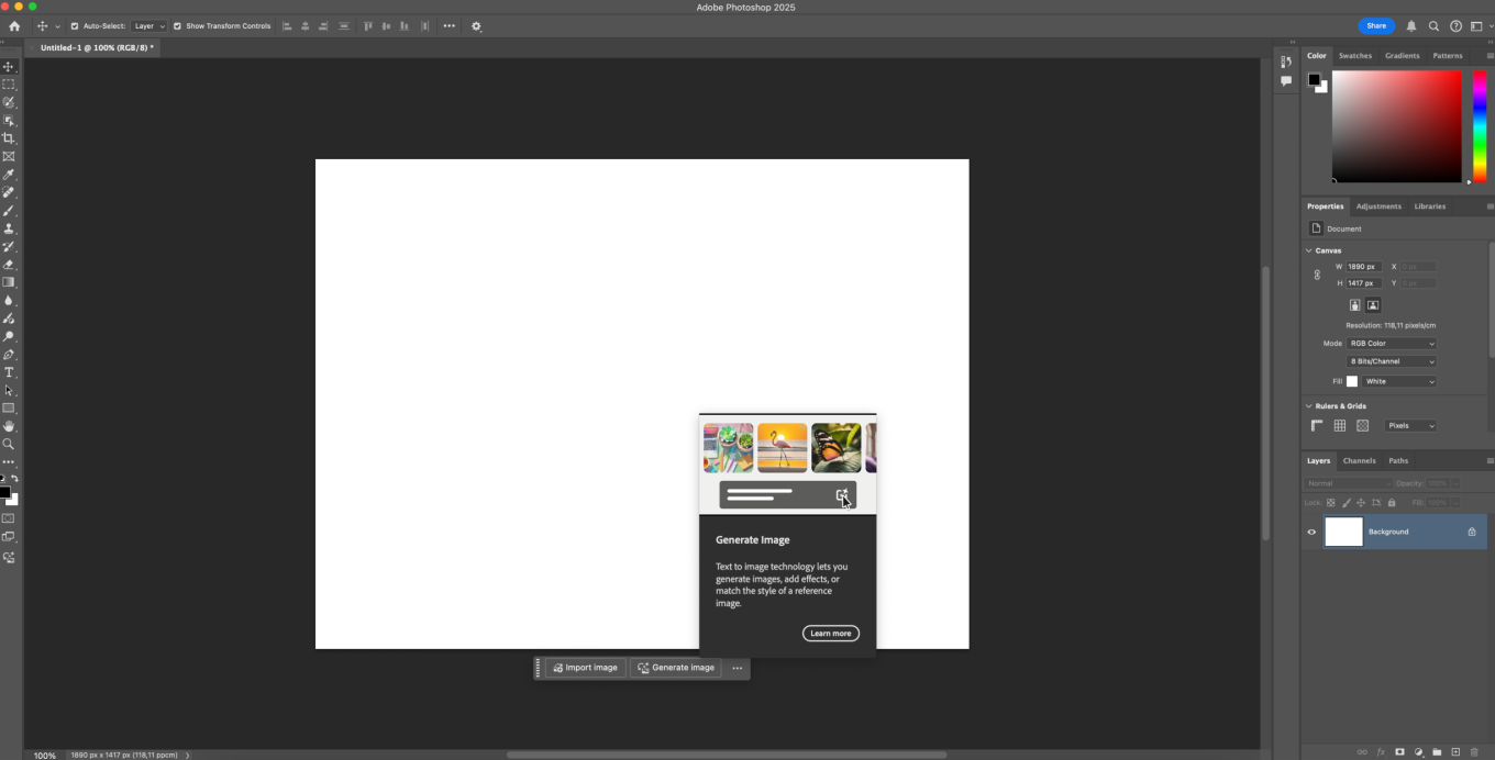 Чтобы увидеть кнопку «Generate Image» в Photoshop, нужно создать новый документ