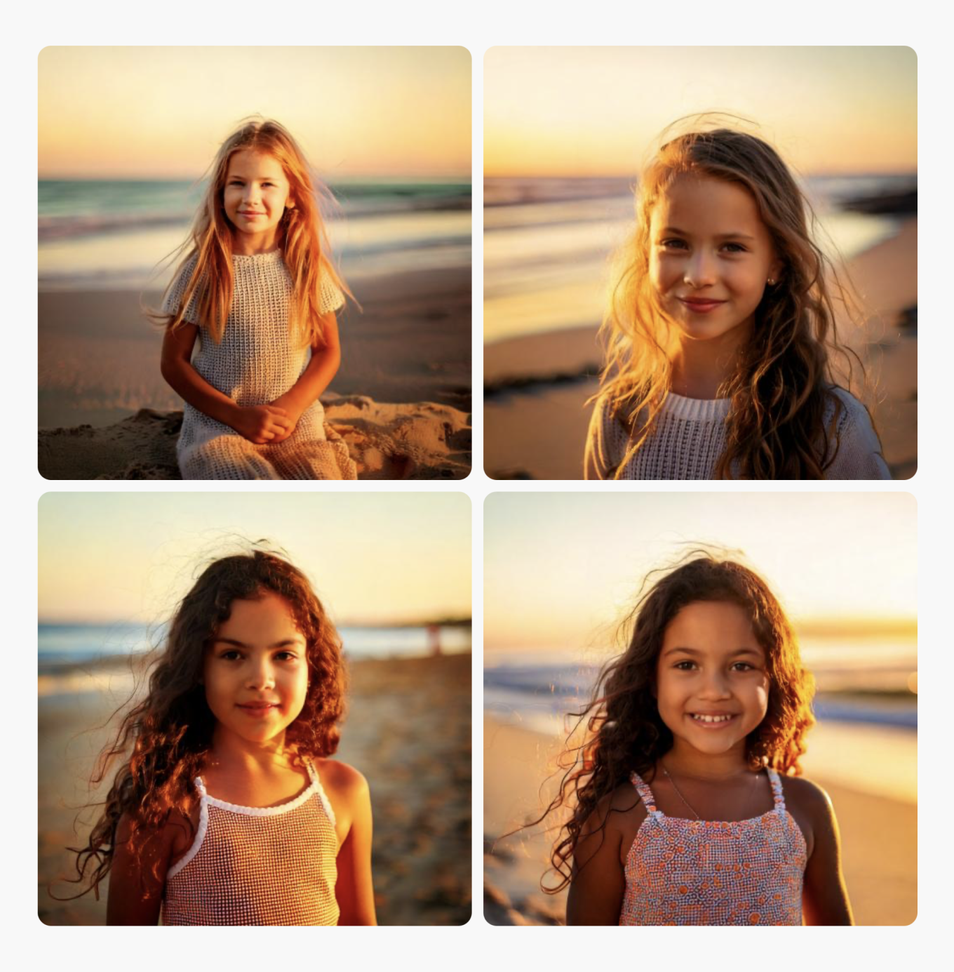 Портреты, сгенерированные нейросетью по запросу «little girl at the beach»