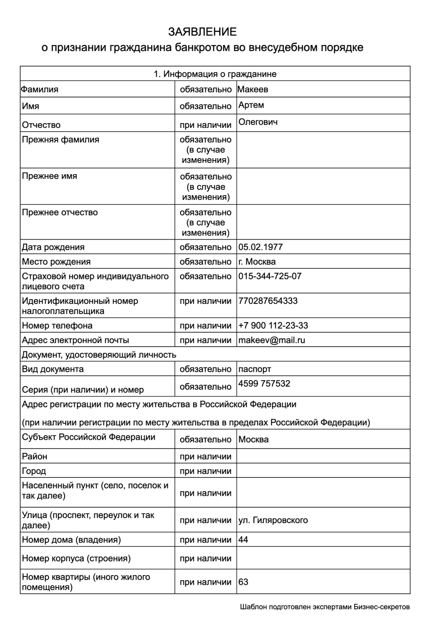 Заявление о признании самозанятого банкротом — образец