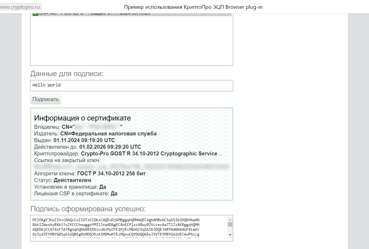 Должно появиться окно «Подпись сформирована успешно»