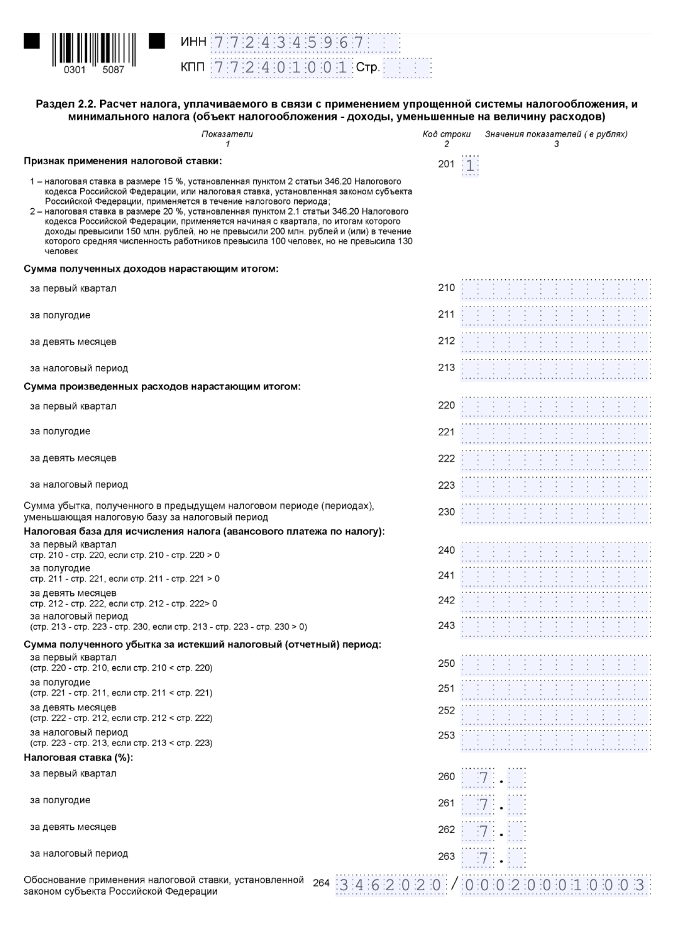Образец заполнения раздела 2.2 нулевой декларации по УСН «Доходы минус расходы»