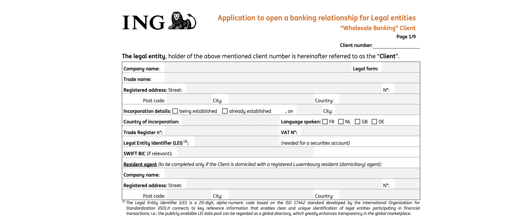 Форма на открытие корпоративного счета в ING Luxembourg