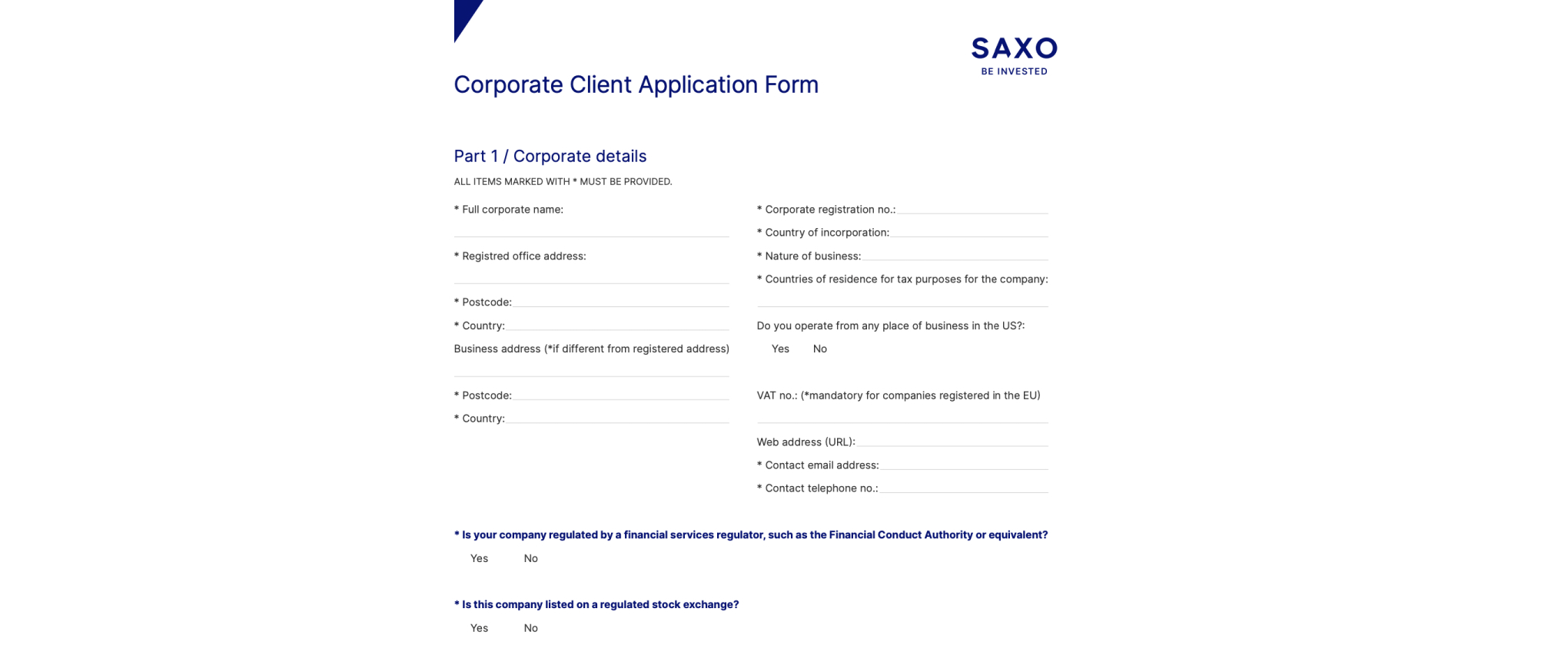 Форма на открытие корпоративного счета в SAXO