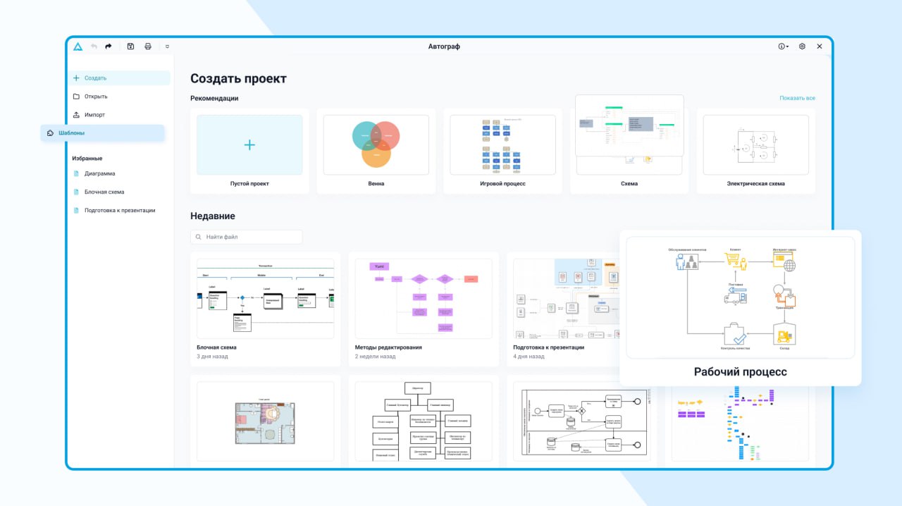 Интерфейс редактора блок-схем Автограф