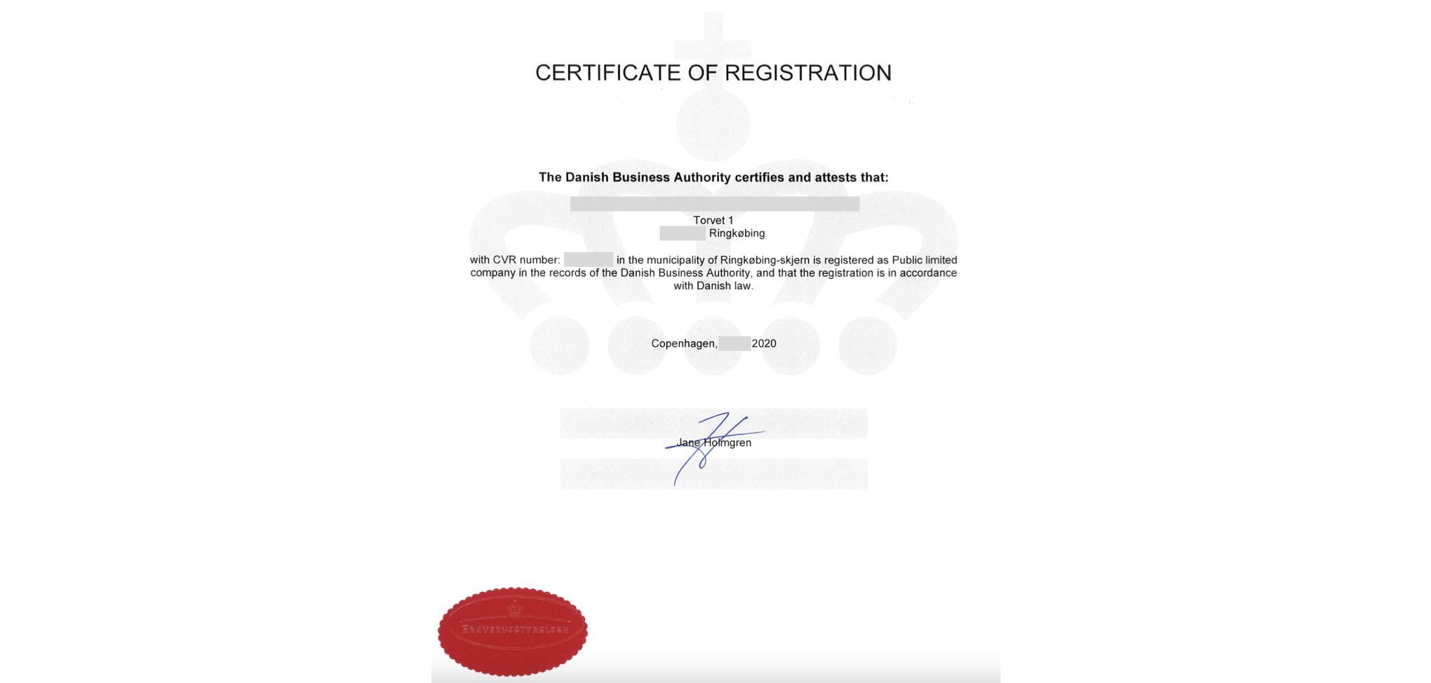 Пример свидетельства о регистрации компании в Дании