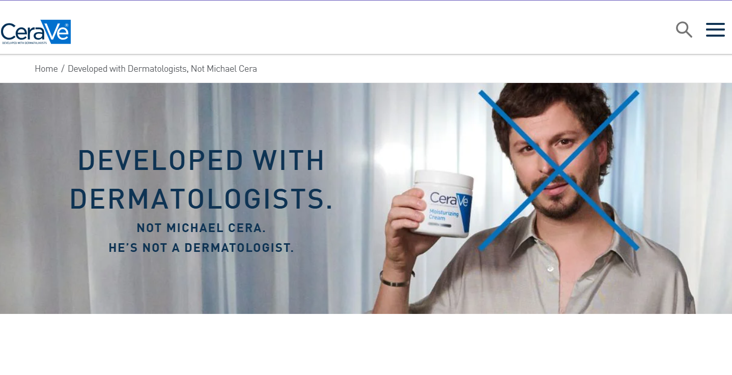 Скрин главной страницы сайта Cerave с изображением актёра Майкла Сера