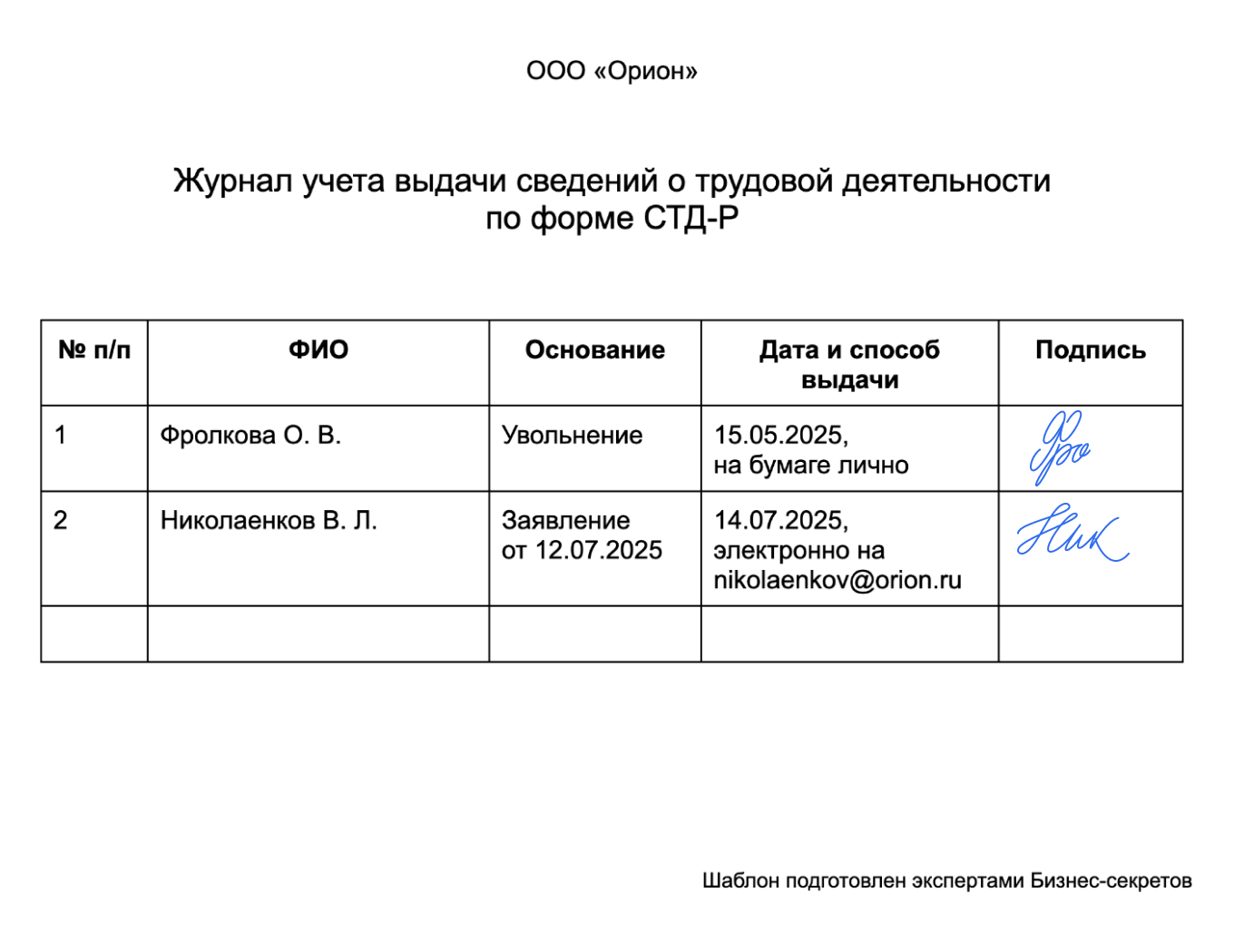 Журнал учета выдачи СТД-Р — образец