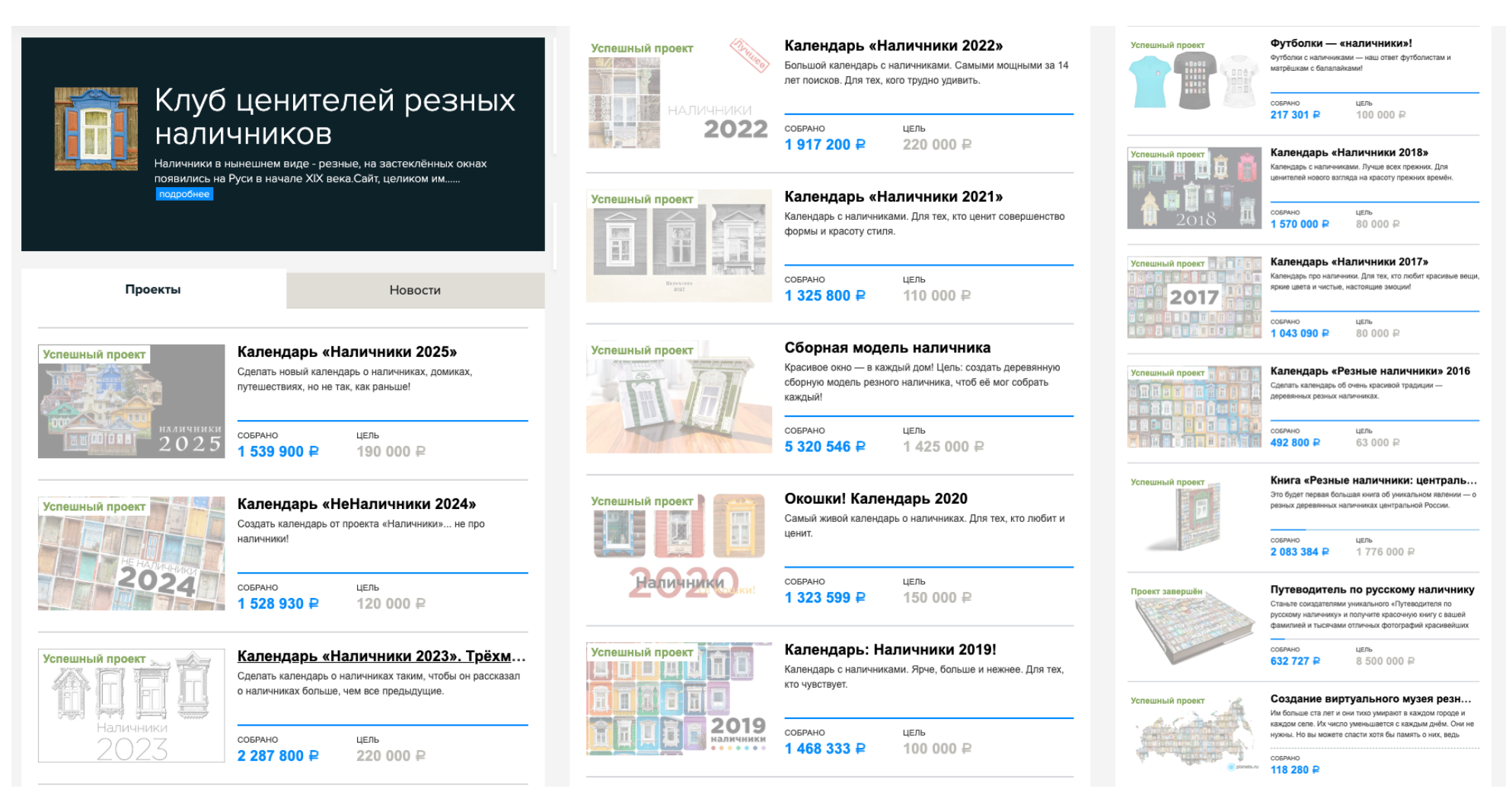 Скриншот со всеми проектами Ивана Хафизова на Planeta.ru