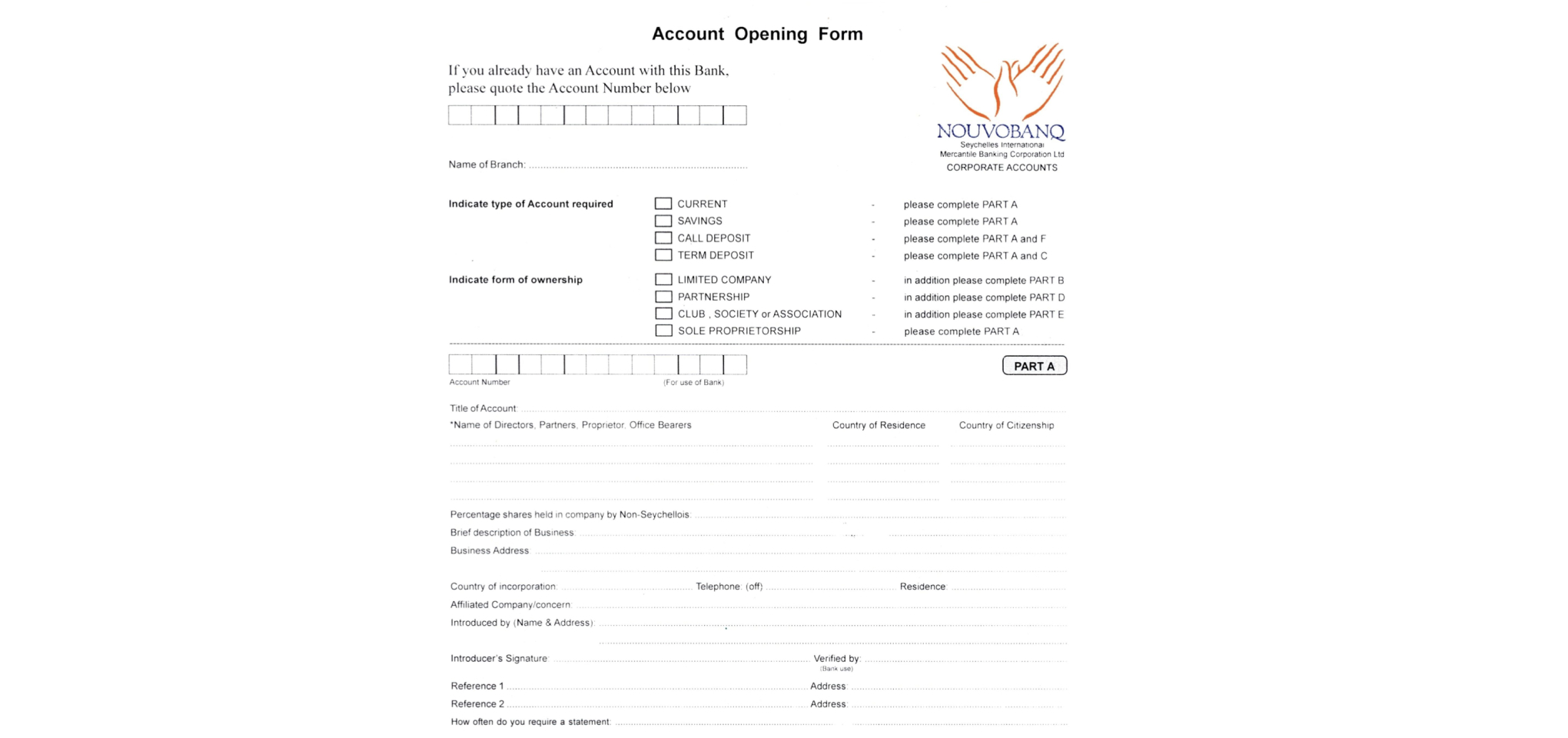 Форма на открытие счета в Nouvobanq