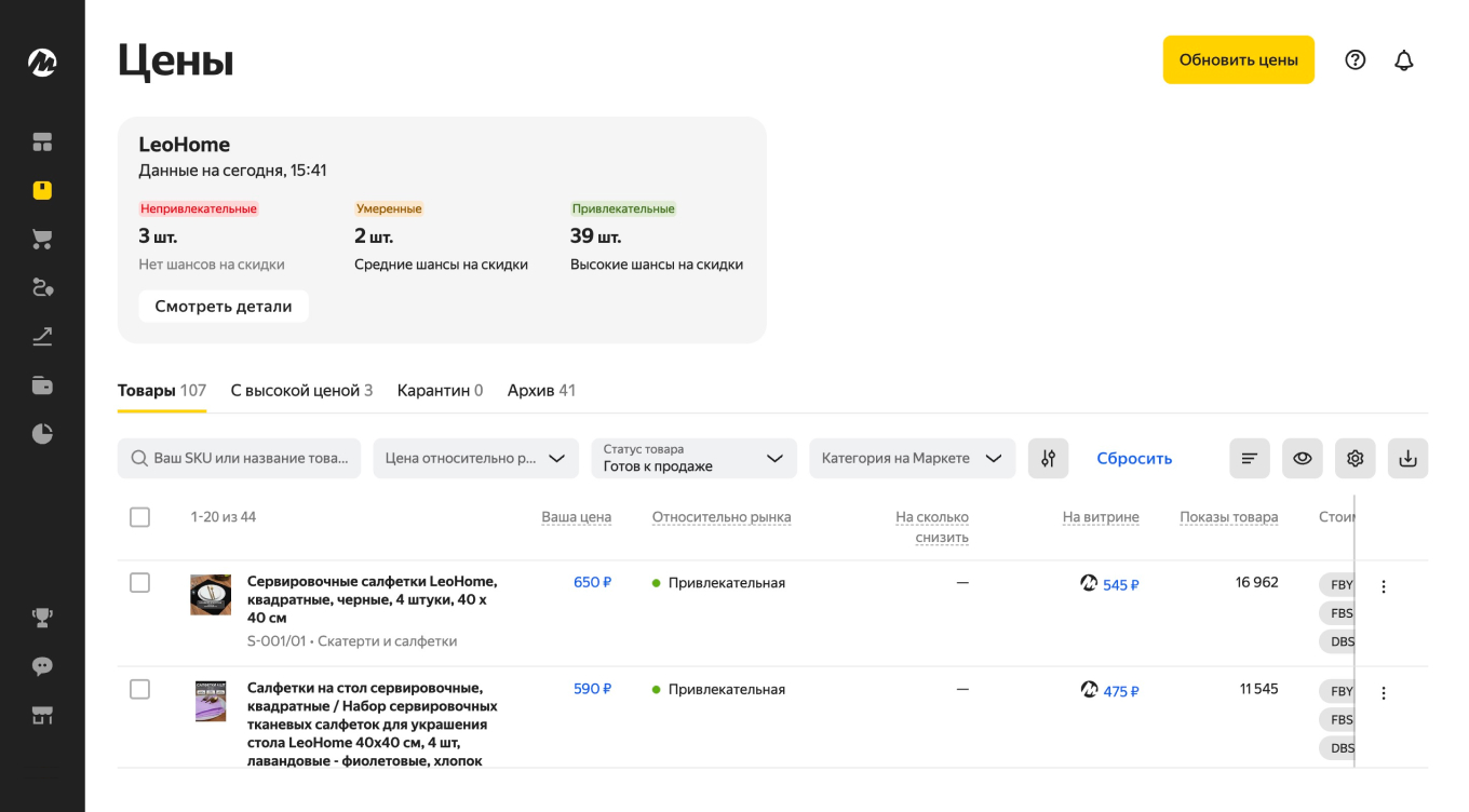 Отчет по ценам на Яндекс Маркете