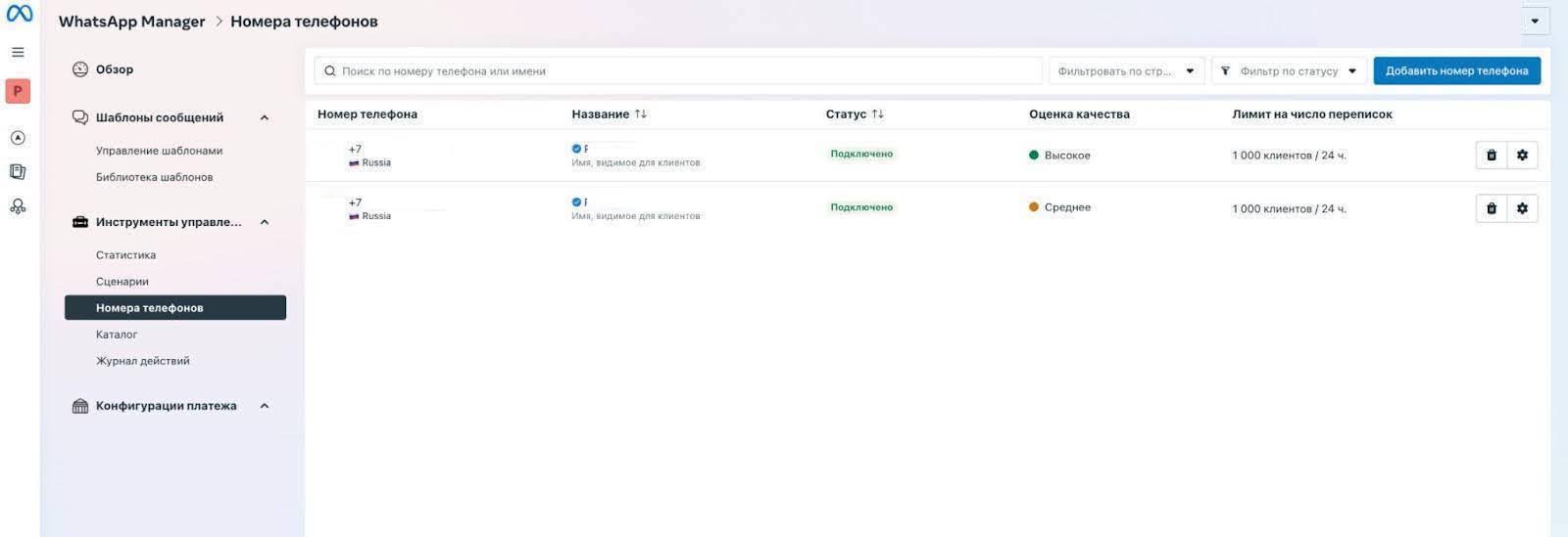 Панель WhatsApp* Manager